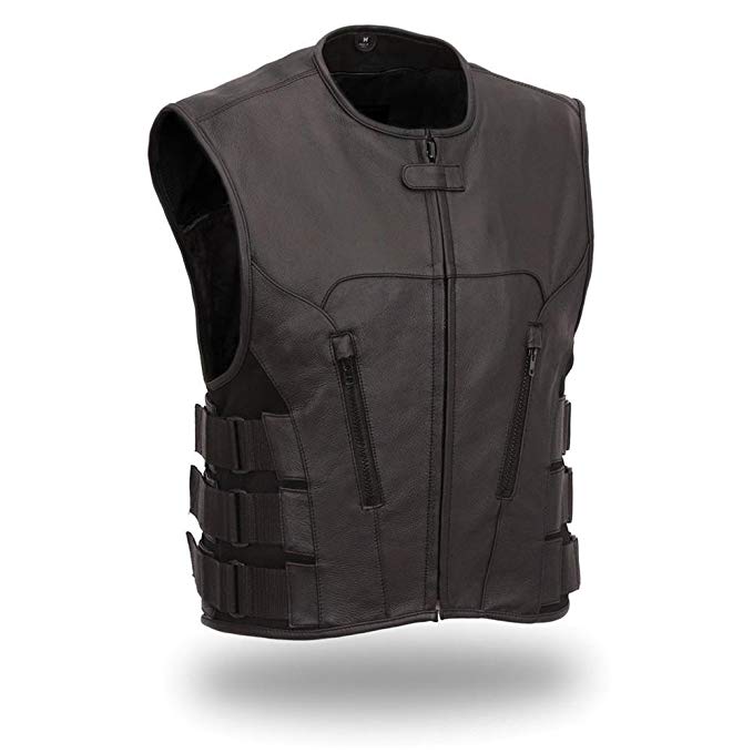 First Classics Black Leather Swat Motorcycle Vest with Single Back Panel